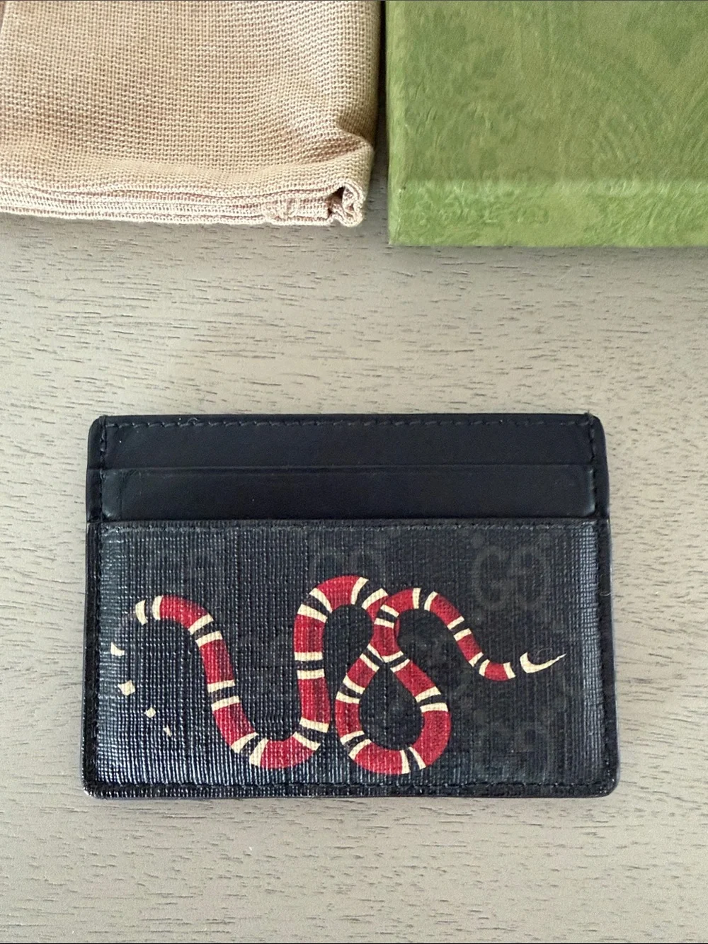 Gucci Black Leather Card Holder with Red & White Snake Motif